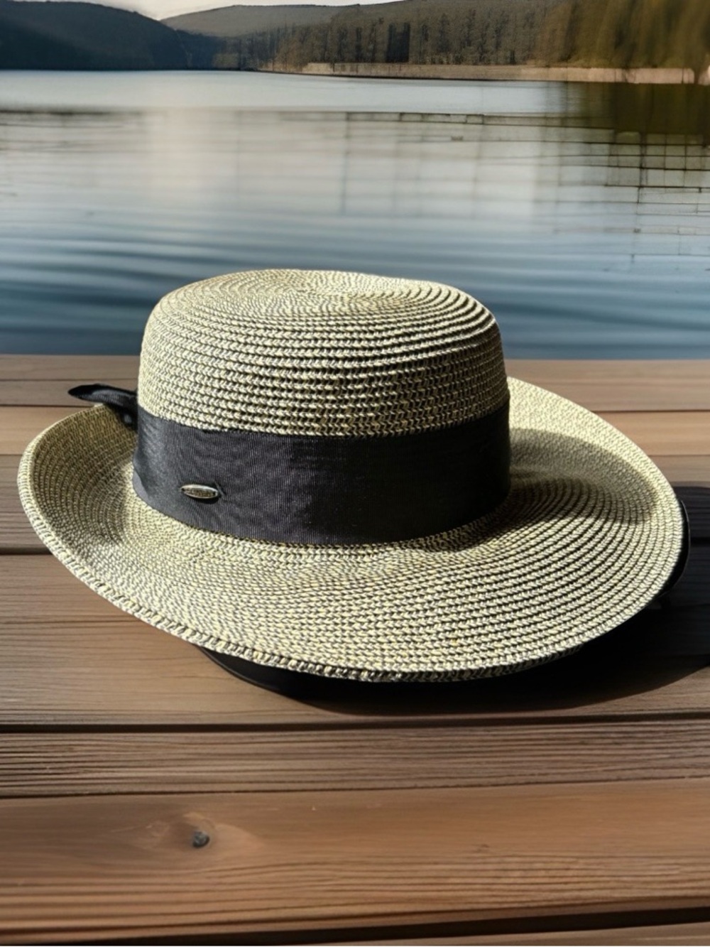Scala Straw Hat Sun Handmade Women's Med Wide Brim Ribbon Bow